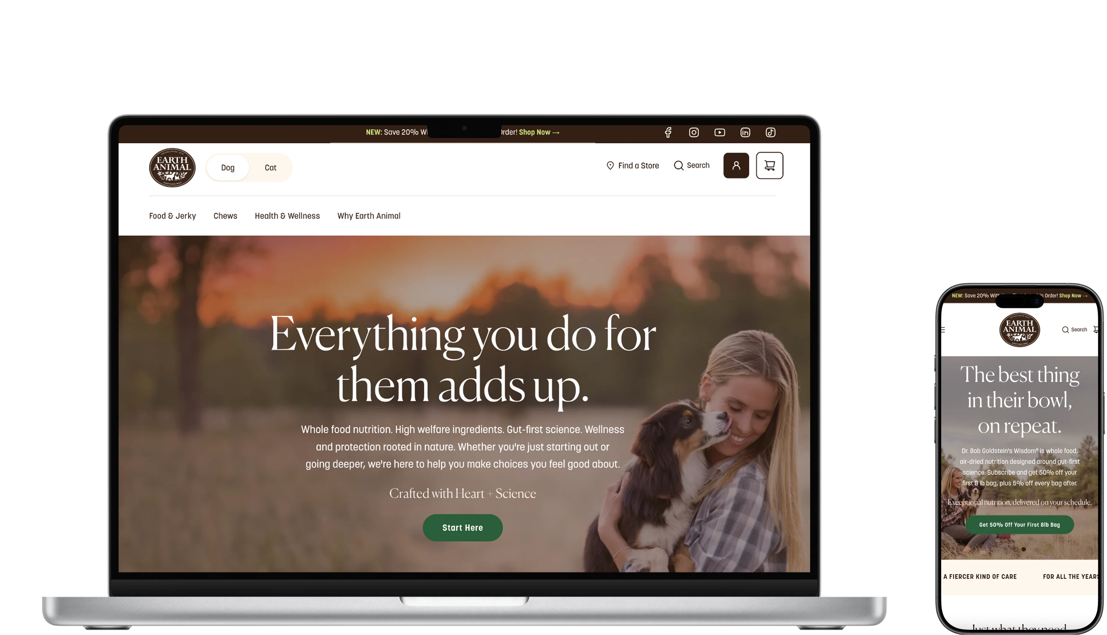 Earth Animal website shown on a laptop and phone